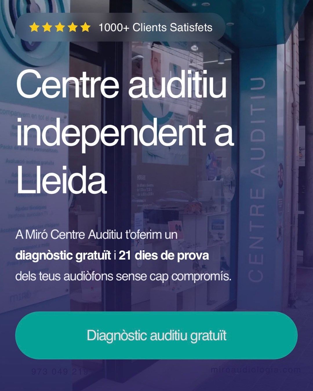 Més de 1.000 persones ja han entrat per aquesta porta. I totes diuen el mateix: "Hauria d'haver vingut abans." 🌟
Diagnòstic gratuït. Prova de 21 dies. Sense pressa, sense pressió.
T'hi esperem. 💚

MIRÓ CENTRE AUDITIU

📞 973 049 219 | 💬 WhatsApp 722 506 366
📍 C/Torres de Sanui, 19 25006 Lleida
💻 http://www.miroaudiologia.com